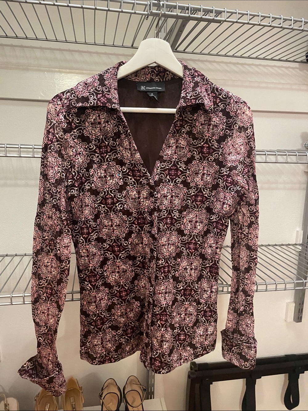 INC International Concepts Pink and Black Patterned Button-Up Blouse